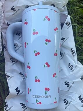 White Cherry Print Insulated Travel Mug with Handle